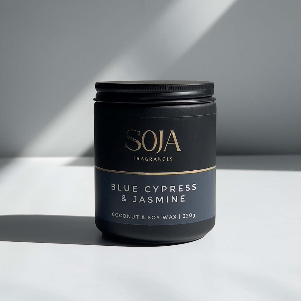 Blue Cypress & Jasmine candle in frosted glass