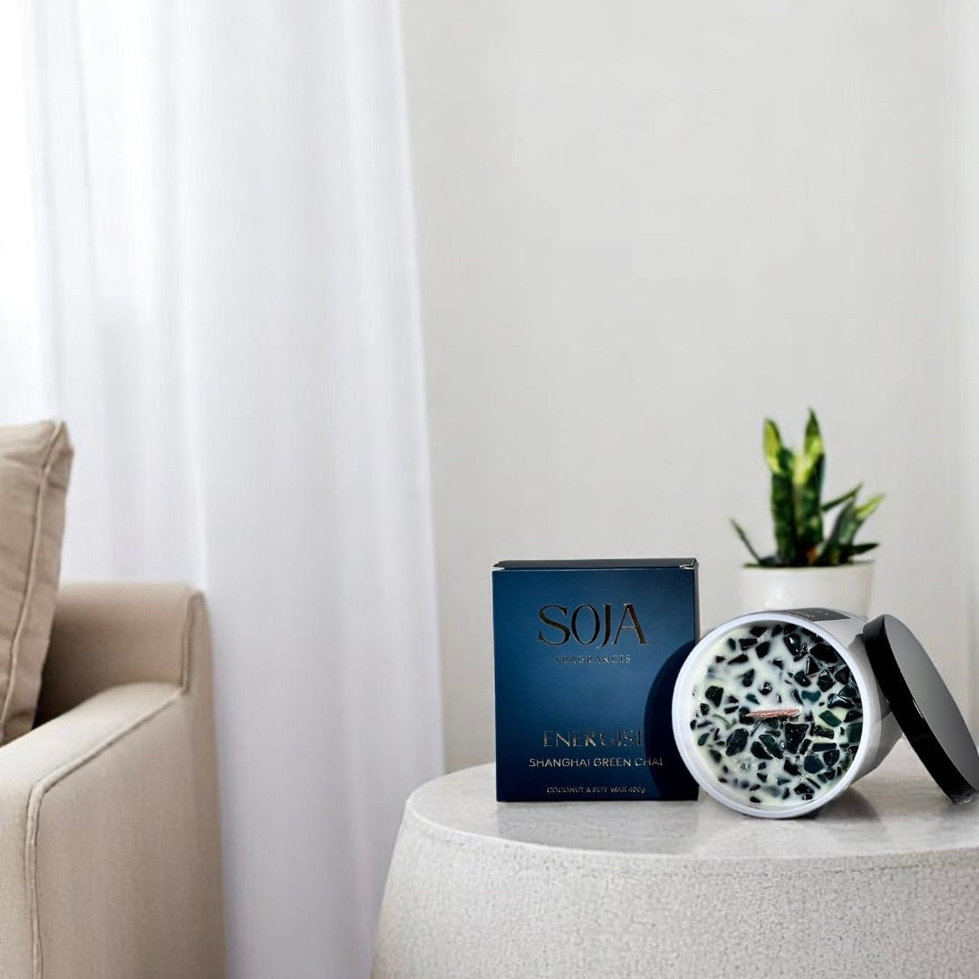 Peaceful, decluttered home with candle burning – calming negative energy