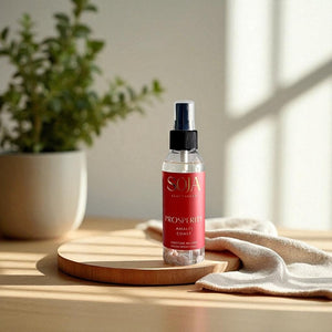 Room spray Prosperity Amalfi Coast on a wooden tray with a plant in the background