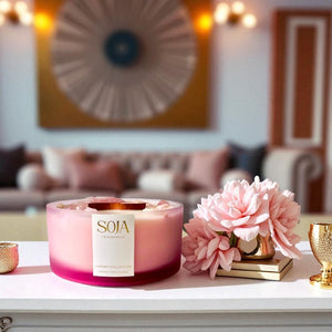 Pink Soja Rose Quartz infused candle in luxury lounge room