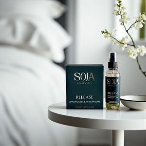 SOJA Fragrances 'Release' product on a table with a blurred background