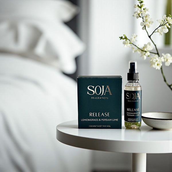SOJA Fragrances 'Release' product on a table with a blurred background