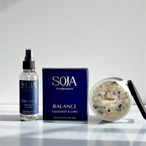 SOJA Fragrances Balance product set on a reflective surface with a light gray background