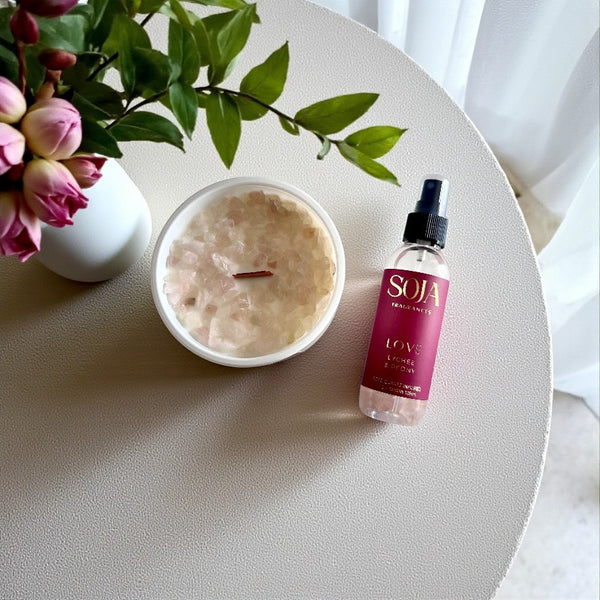 Love crystal candle and matching room spray gift set with magenta packaging