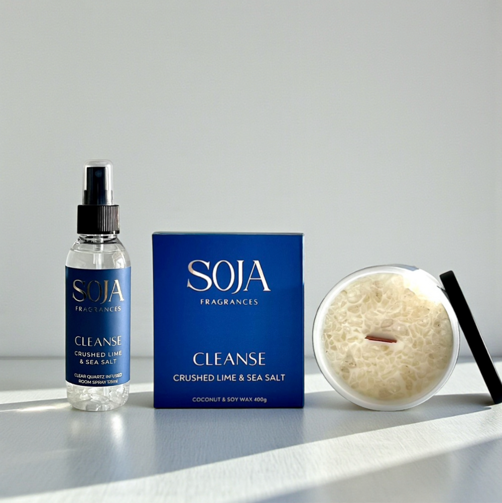SOJA Fragrances 'Cleanse' product set on a white surface with a gray background