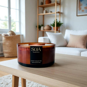 Soja branded candle in natural lounge room