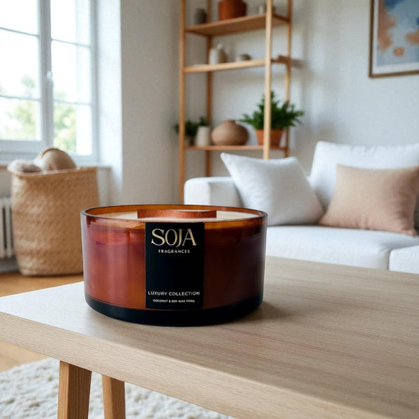 Soja branded candle in natural lounge room