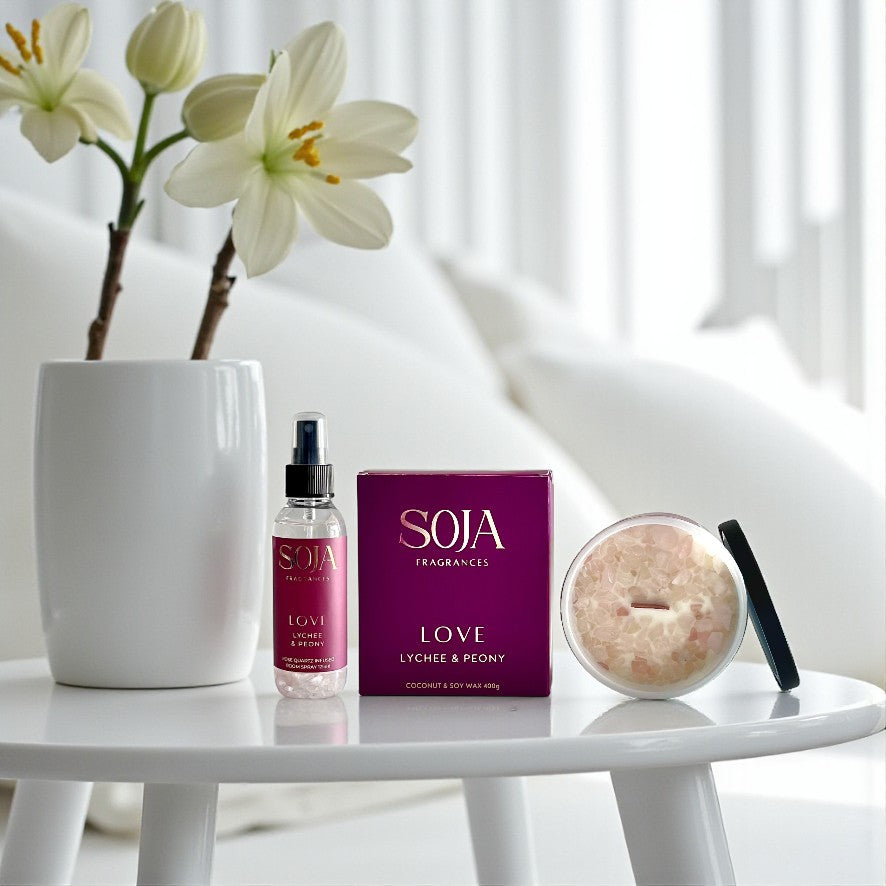 Love lychee and peony candle and 125ml room spray set by Soja Fragrances