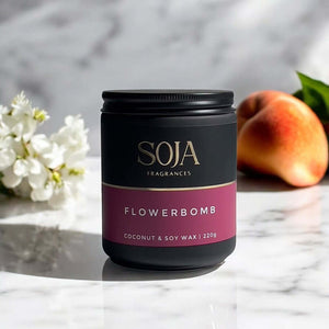 Soy candle featuring jasmine, peach, and sandalwood