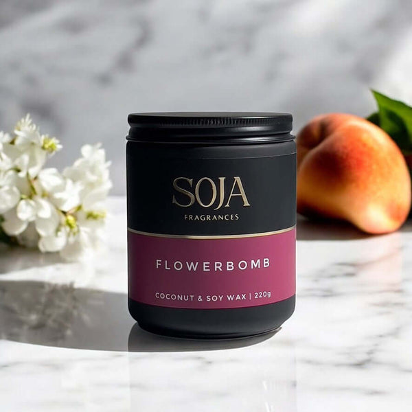 Soy candle featuring jasmine, peach, and sandalwood