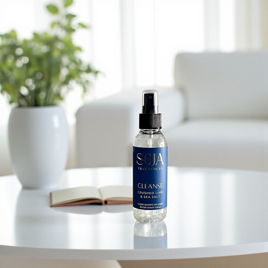 SOJA Fragrances 'Cleanse' product set on a white surface with a gray background