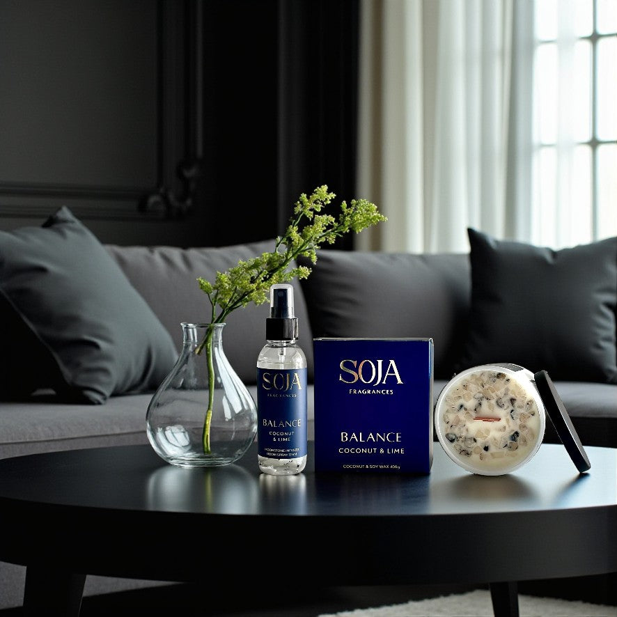 SOJA Fragrances Balance product set on a reflective surface with a light gray background