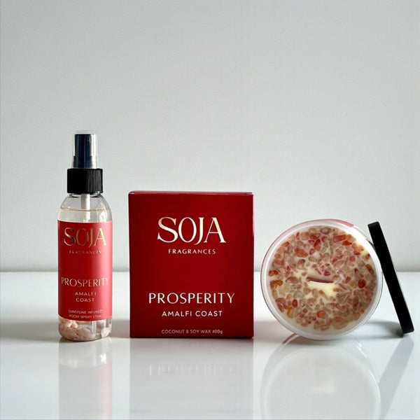 SOJA Fragrances Prosperity product set on a white surface with a light gray background