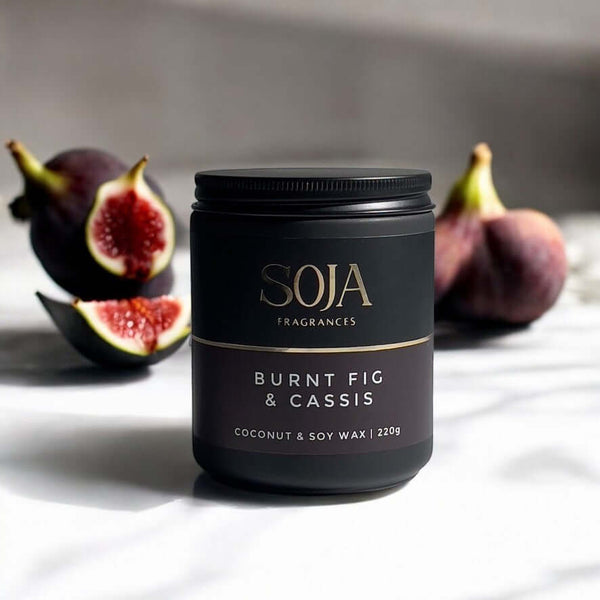 Soja Fragrances candle featuring fig, cedarwood, and jasmine