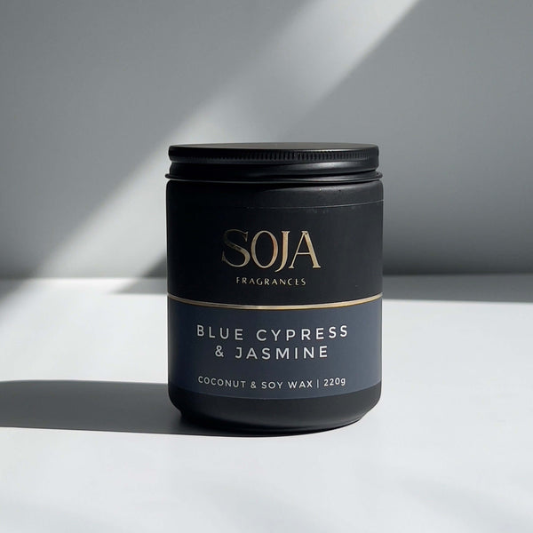 Blue Cypress & Jasmine candle in frosted glass
