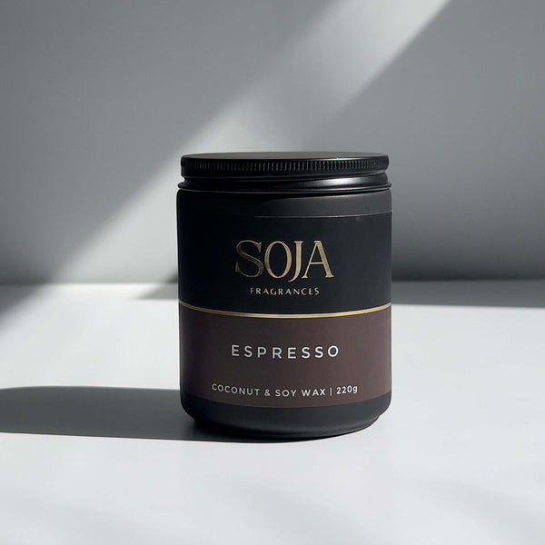 Espresso-scented soy candle in glass jar
