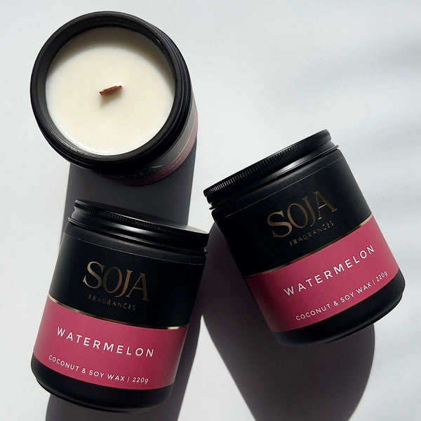 Fresh summer watermelon candle in minimal glass jar