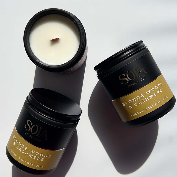 Cozy home fragrance in a neutral-toned candle jar