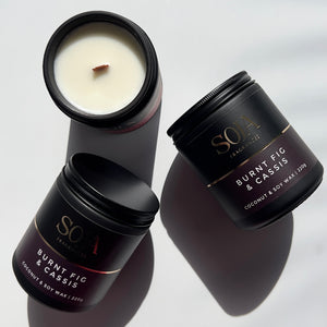 Luxurious soy candle with rich and grounding scent profile