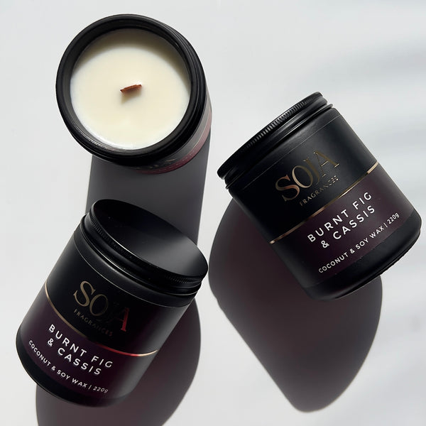 Luxurious soy candle with rich and grounding scent profile