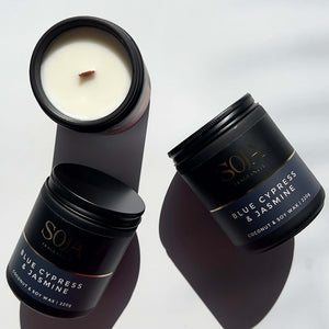 Calming candle scent with cypress and white jasmine