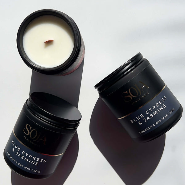 Calming candle scent with cypress and white jasmine