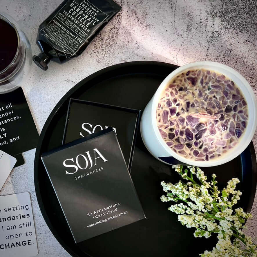 Relax - Japanese Honeysuckle Candle | Elevate tranquility with our Relax Candle, handcrafted in Melbourne. Enjoy soothing Japanese Honeysuckle aroma with Amethyst crystal energy. | SOJA Fragrances