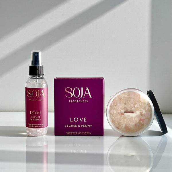 Love lychee and peony candle and 125ml room spray set by Soja Fragrances