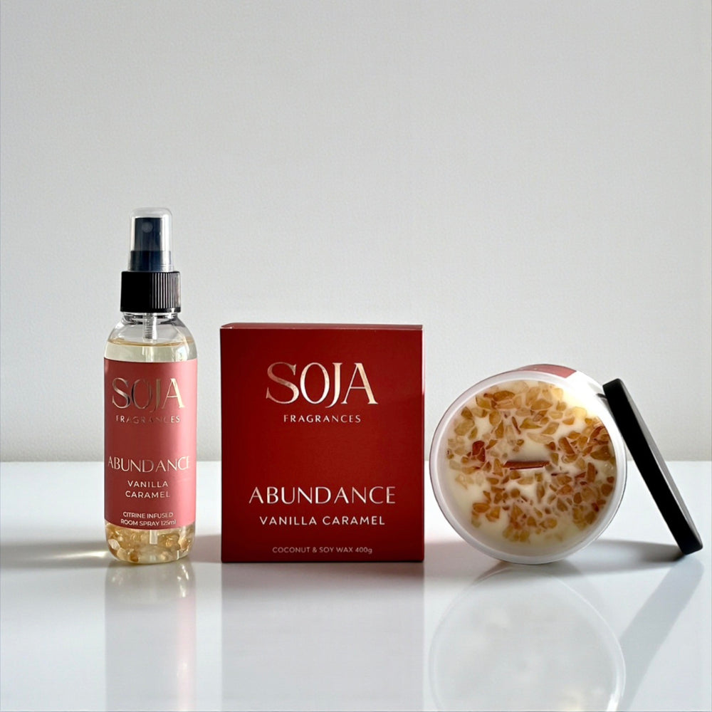 Abundance vanilla caramel candle and 125ml room spray set by Soja Fragrances