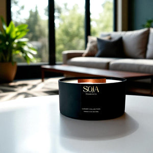 1.7kg black jar candle in a cozy lounge room