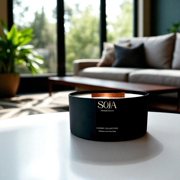 1.7kg black jar candle in a cozy lounge room