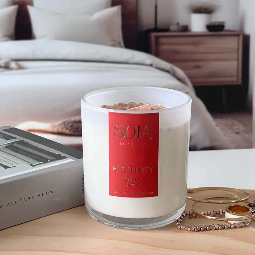 amalfi coast perfume candle 400gm with sunstone crystals in bedroom