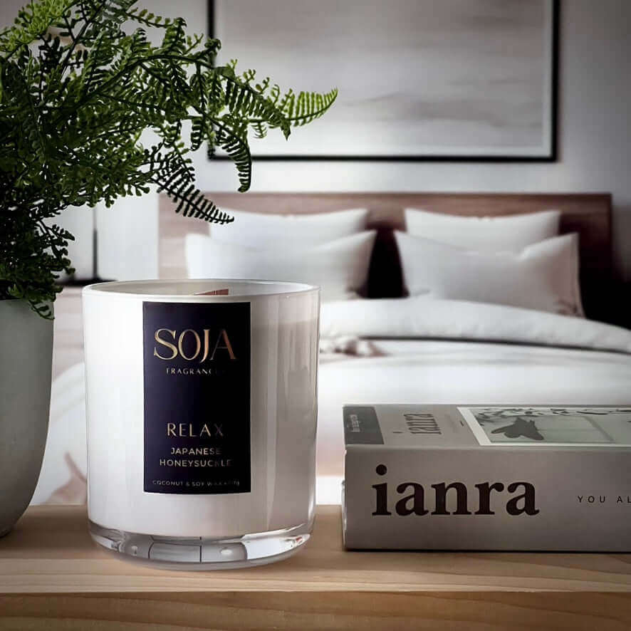 Relax - Japanese Honeysuckle Candle | Elevate tranquility with our Relax Candle, handcrafted in Melbourne. Enjoy soothing Japanese Honeysuckle aroma with Amethyst crystal energy. | SOJA Fragrances