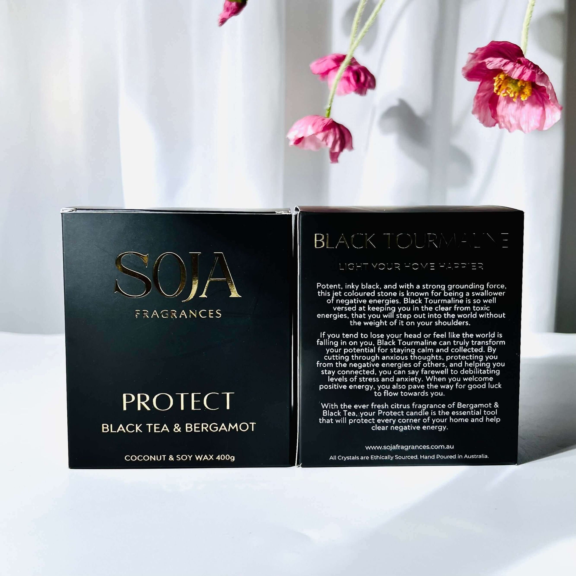 Protect - Black Tea & Bergamot Candle | Embrace the protective energy of our Melbourne-crafted, Black Tourmaline Crystal-infused Candle. Ignite for up to 70h of soothing Black Tea & Bergamot aroma. | SOJA Fragrances